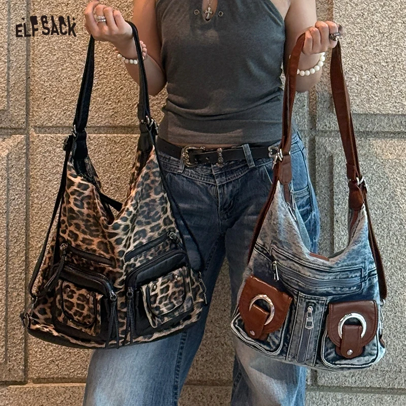 ELFSACK 2025 Summer New Arrival Vintage Washed Denim Tote Bag Fashion Large Capacity Shoulder Bag for woman