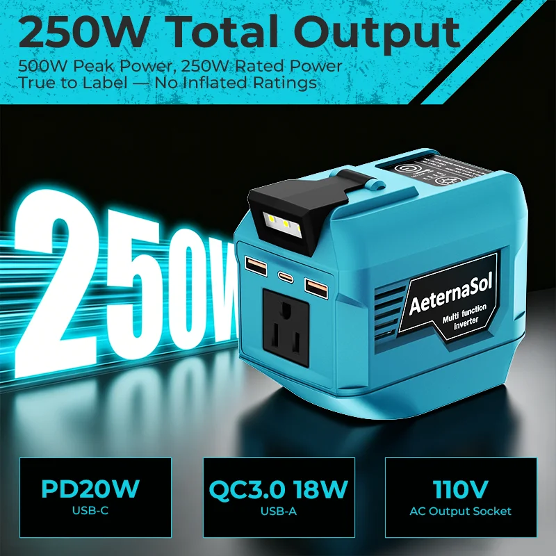 (US Stock 2-5 Days) AeternaSol 250W Power Inverter For Makita 18V LXT Battery BL1830 BL1850 BL1860 Portable Power Station 110V AC 500W Peak Surge QC3.0 USB 20W PD 20W Type-C LED Work Light Camping Outdoor Night Fishing Job Site RV Emergency Backup