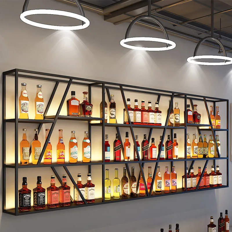Wrought iron bar wall hanging wine rack wall creative decoration bar restaurant hanging cup holder luminous red cabinet