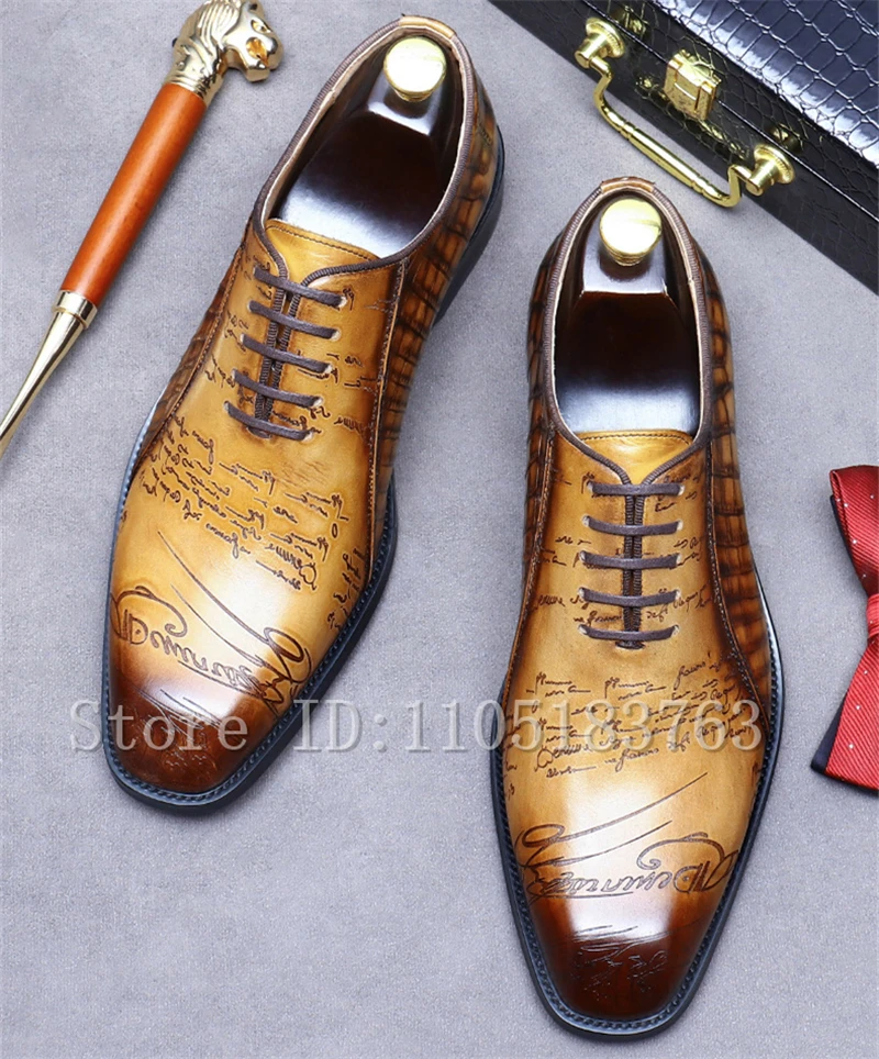 Men's Luxury Crocodile Pattern Leather Oxfords Handwritten Script Engraved Lace-Up Dress Shoes for Business and Formal Events