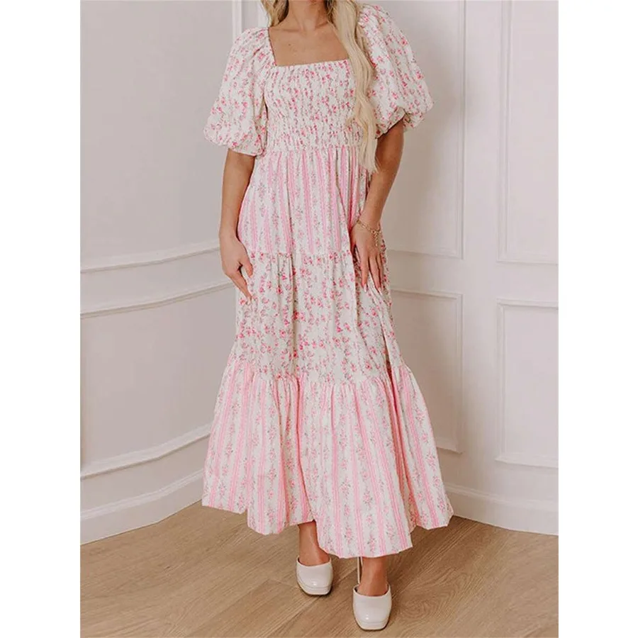 

【New style】Women Puff Short Sleeve Floral Maxi Dress Square Neck Shirred Smock Party Cocktail Flowy Long Dress