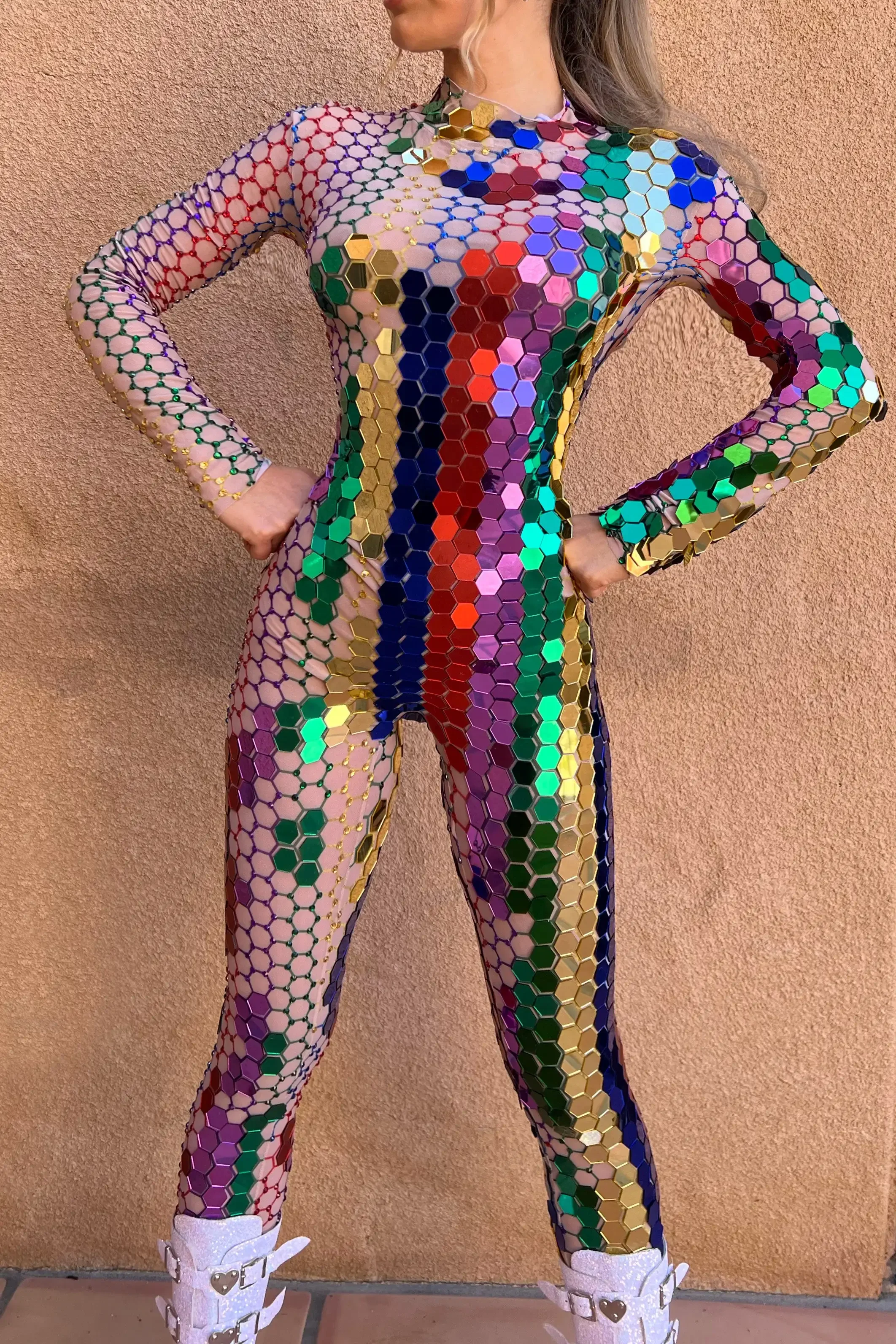 Sexy Colorful Rhinestones Mirrors Jumpsuit Pole Stage Performance Leggings Birthday Celebrate Dance Stretch Outfit Prom Bodysuit