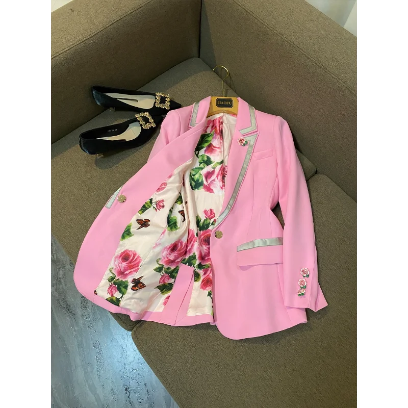 Fashion Sweet Style Lady Blazer Pink High Quality Rose Button British Design Slim Fit Coat Elegant Long Sleeve Women Suit Jacket