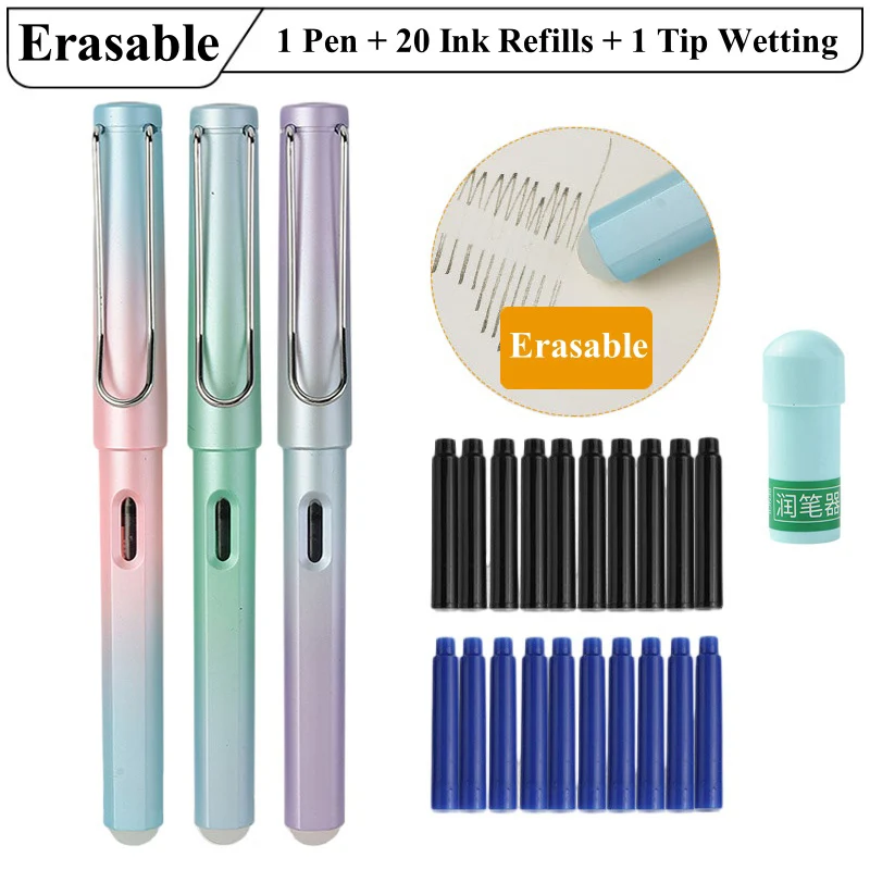 1 Erasable Fountain Pen with 20 Ink Refills Black Blue Available Student School Office Stationary Refillable Writing Supplies