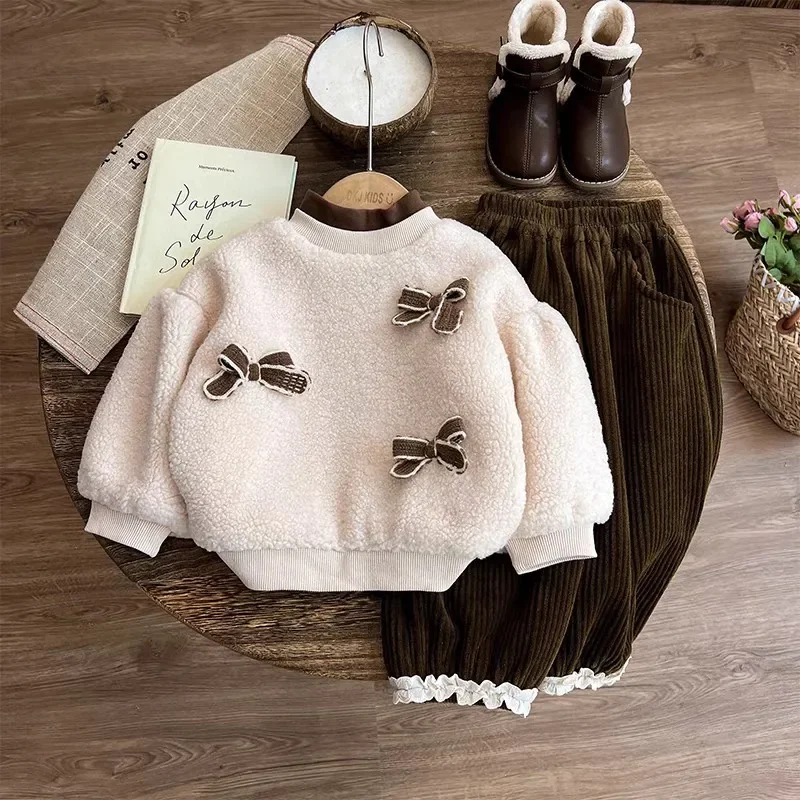 ZOETOPKID 2Pcs Sweatshirt Clothing Sets Autumn Winter Big Kids Lamb Wool Bow Sweater+Corduroy Pants Suit Children Casual Outfit