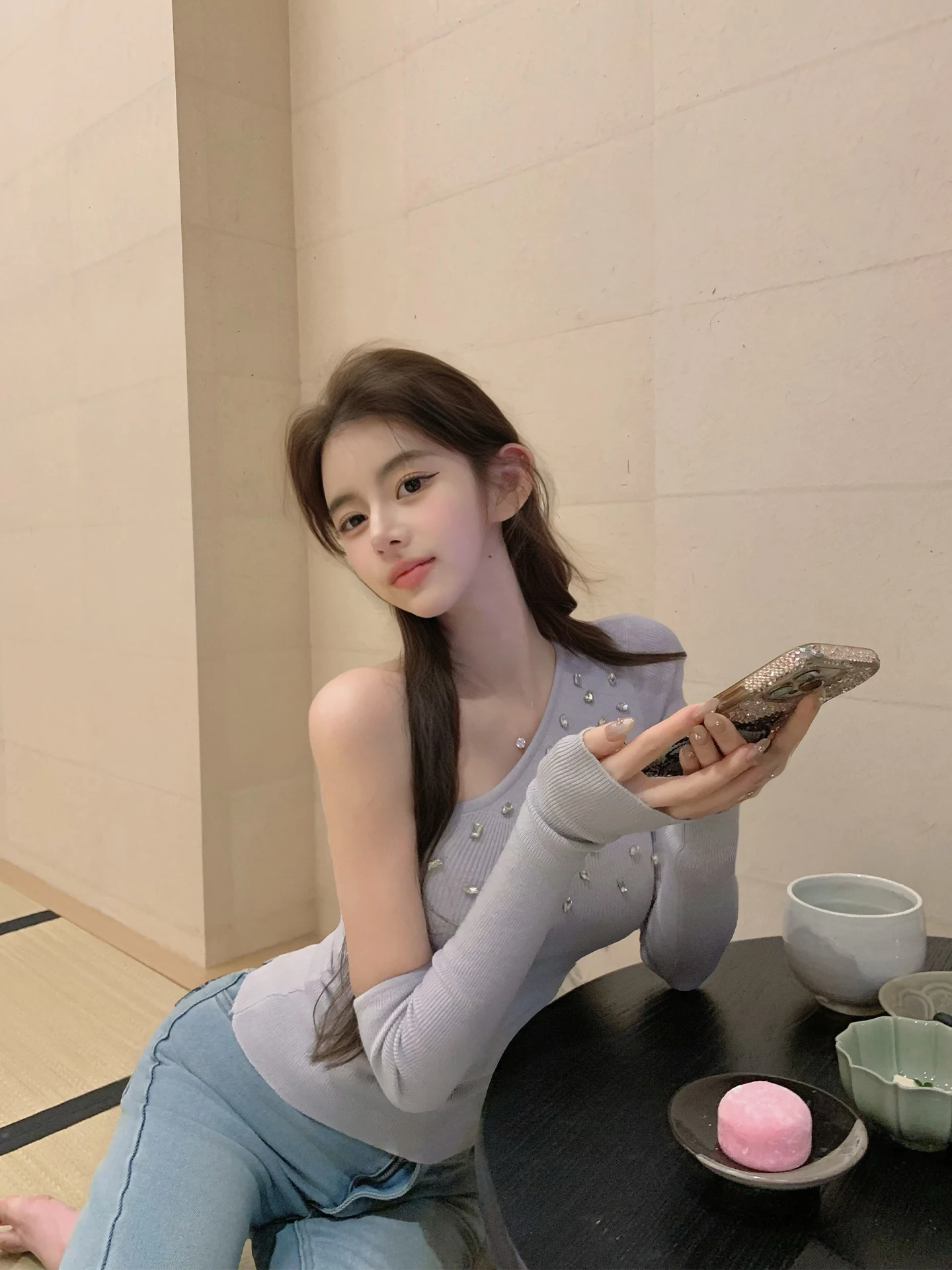 

Ele Moonlight Knitted Top AkiQiu Autumn Glittering oulder Slim Fit Inner Wear Design Base irt Long Sve Women's Fas...