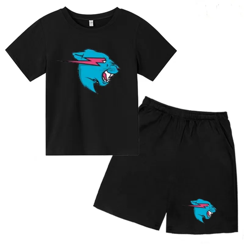 

Kids Charming Animal Head Image Print T-shirt Clothing Summer Short-sleeved+Shorts Boy Girl 3-12 Years Fashion Casual Sports Set