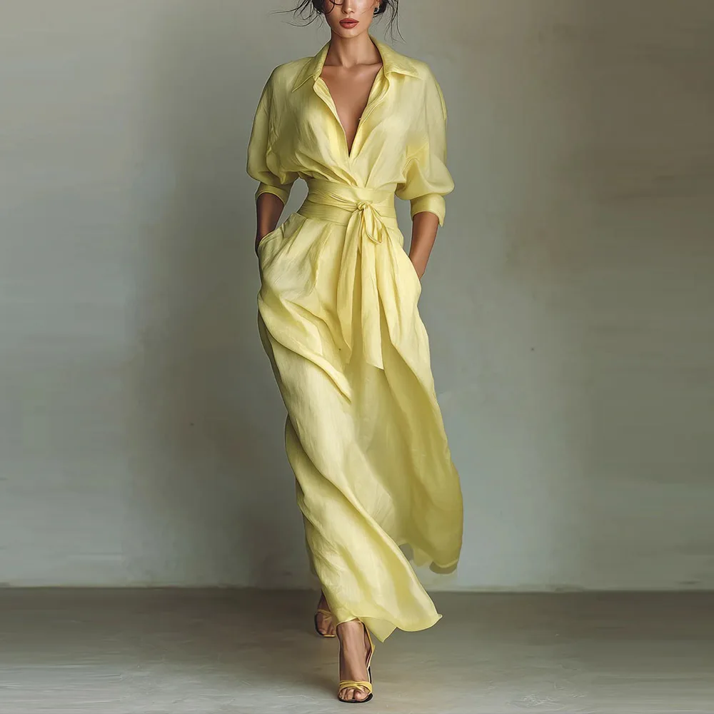 

Boho Elegant Lace-up High Waist Long Dress Woman New Turn-down Collar Party Dress Spring 3/4 Sleeve Pocket Vacation Maxi Dress