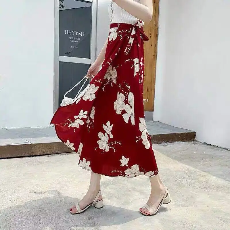 Zomer Dames Casual Bloemen Gedrukt Strandrok 2023 Mode Koreaanse Temperament Hoge Taille Splitrok Zomer Vrouwelijke Kleding