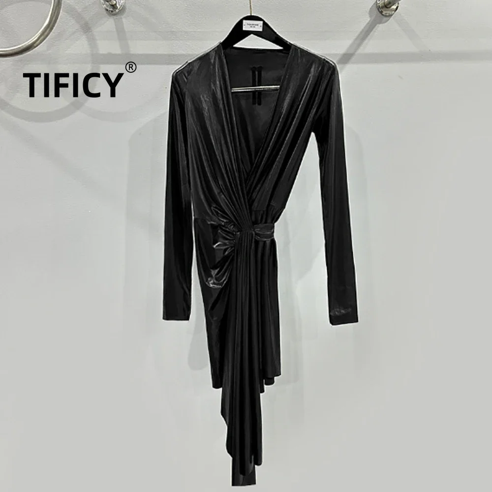 

Dark RO High Street Sexy Dress Women's Spring/Summer RICK Style Craft Treatment Double Sided Deep V-Strap Long Sleeve Dress