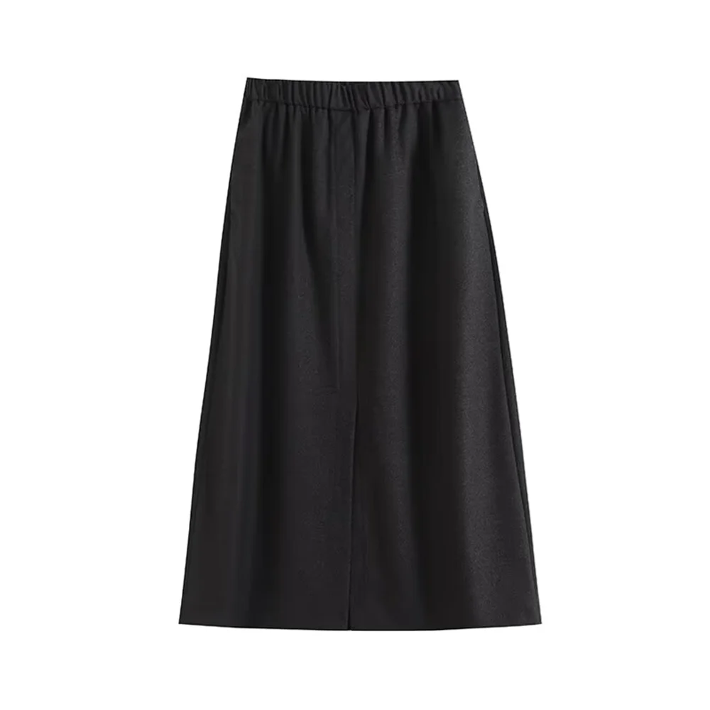 Taop&Za women's fashionable and versatile black skirt, slit elastic waistband design, comfortable and fashionable