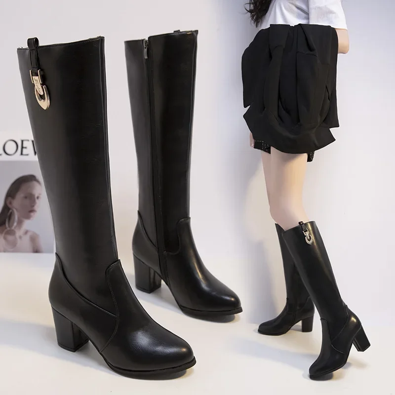 2021 Autumn Winter New Casual Vintage Long Boots Women Chic Classic Zipper Shoes for Ladies Fashionable High Heels Women's Boots