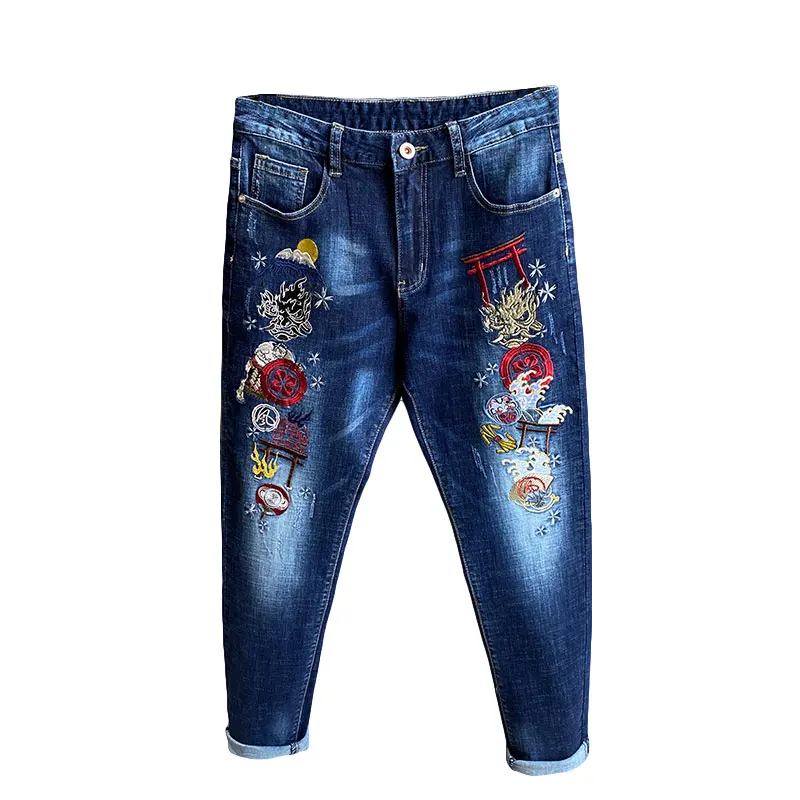 

Pop Fashion Nice Men Chinese Style Embroidered Jeans Elasticity Straight Blue Retro Street Denim Male Casual Pants Trousers