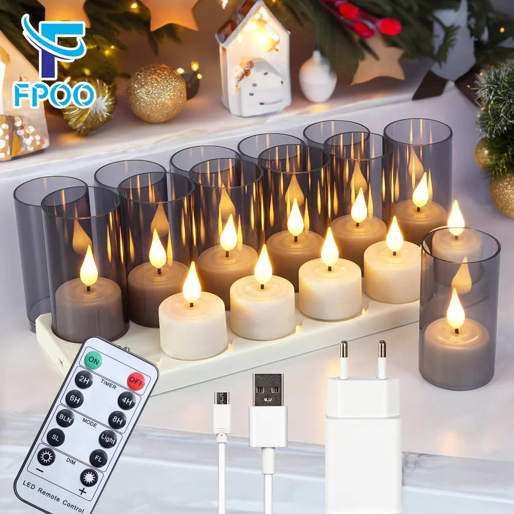 LED 캔들 라이트 충전식 무불꽃 양초 타이머 리모컨 티라이트 검정 컵 포함 웨딩 홈데코 실내 램프