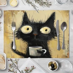 Black Cat Pattern Placemat Linen Fabric Table Mats Family Dinner Tableware Kitchen Table Mat 30X40cm