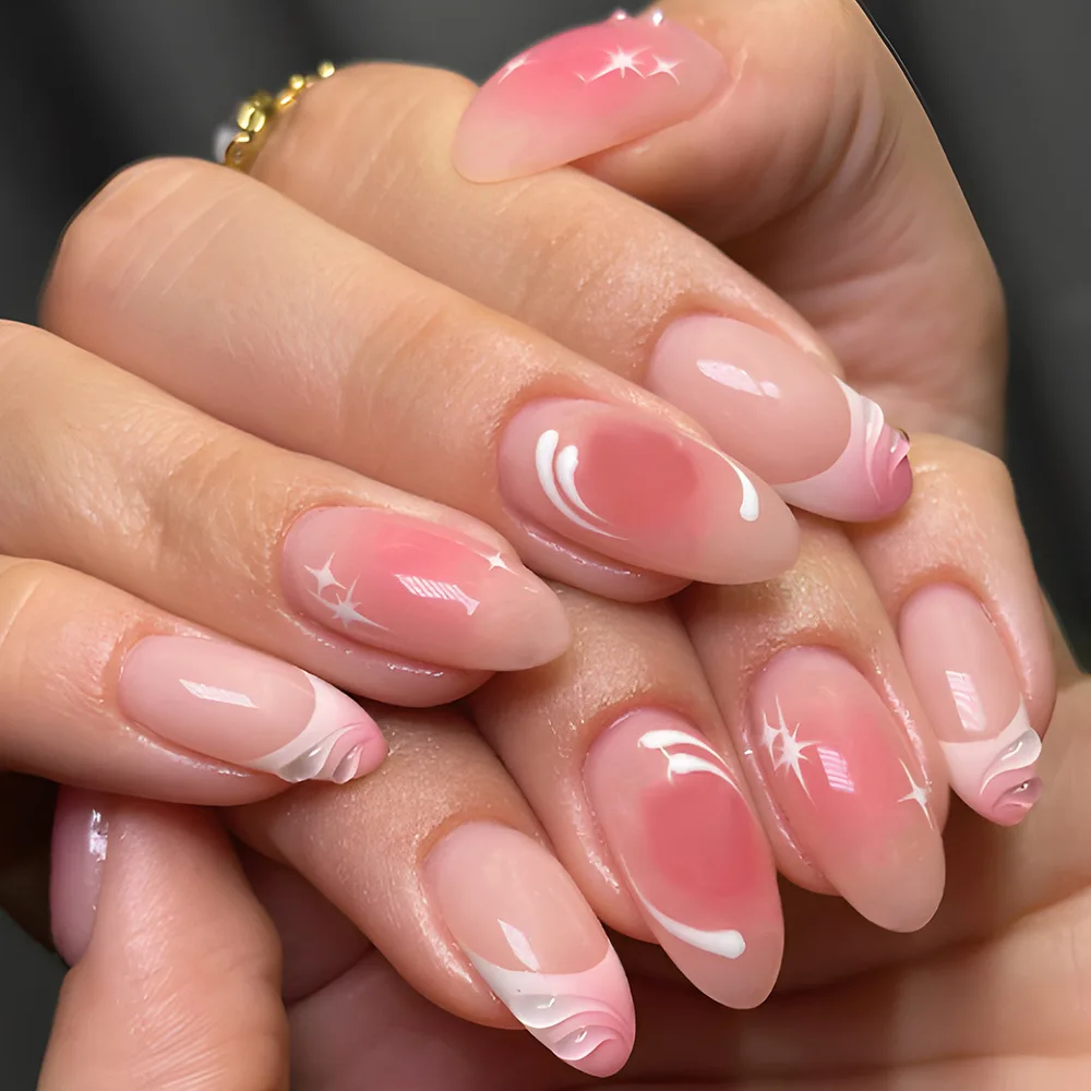 

24Pcs Mid-length French Almond Nails Set Press on With Pink Smudge Star Decorate Fake Nails Wearable Full Cover False Nails Tips