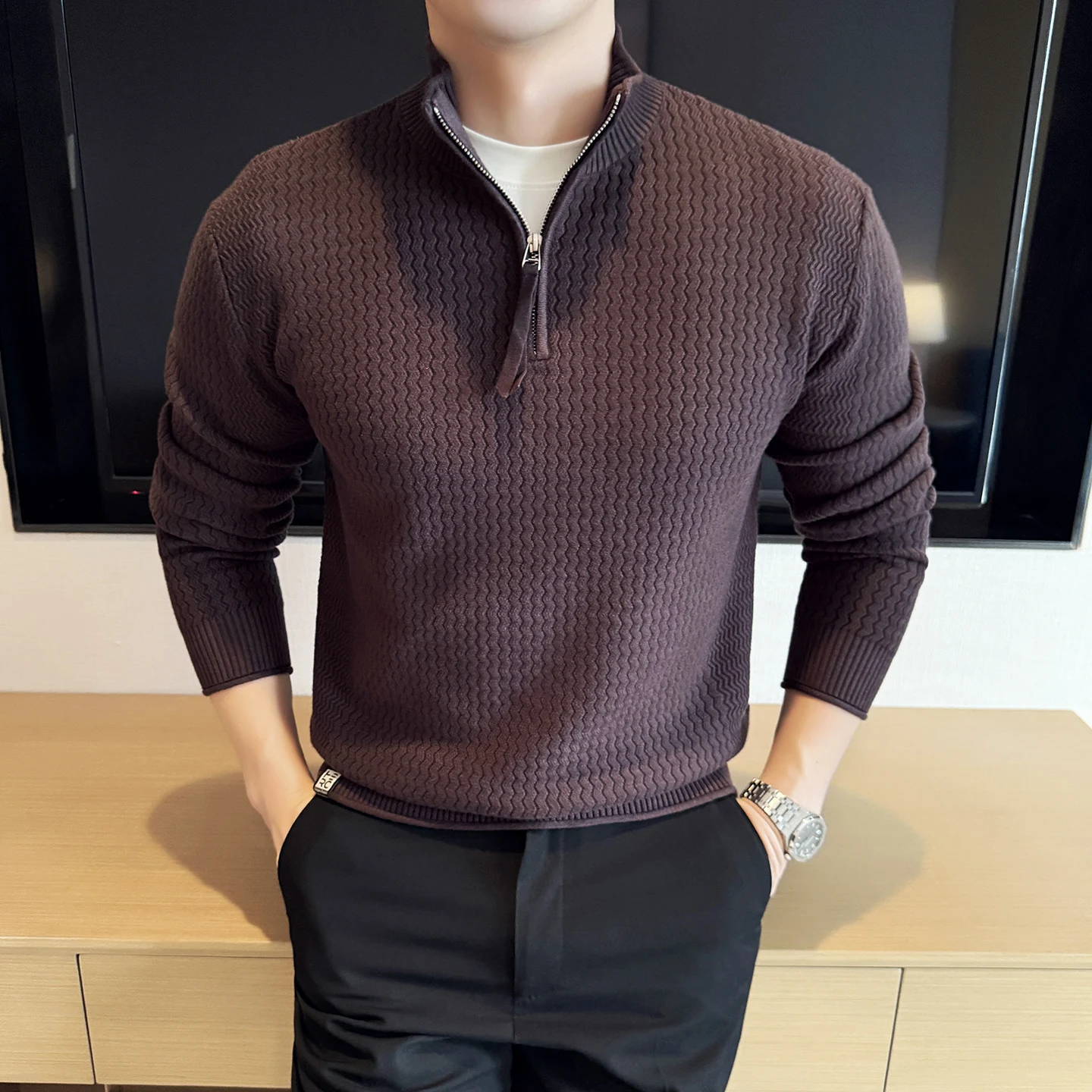 

Autumn/Winter Korean Half Zipper Sweater for Men Standing Collar Casual Knitted Sweater Versatile Business Social Knitwear M-4XL