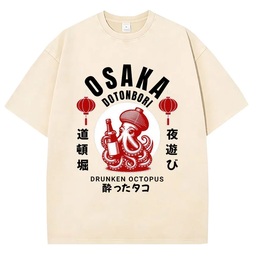 Vintage Washed Osaka Dotonbori Drunken Octopus Funny Graphic T Shirts Japanese Harajuku Short Sleeve Men's Women Cotton T-shirt