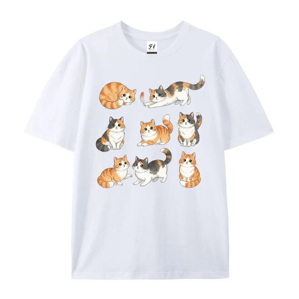 Cute Calico Cats Print White T Shirt Cartoon Kitten Graphic Oversized Short Sleeve Tees Casual Aesthetic Loose Cotton T-shirt