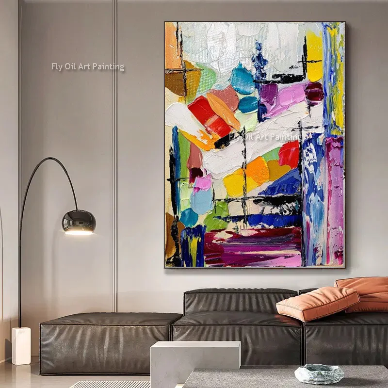 

Hand Painted Extra Large Colorful Oil Painting Abstract Vivid Textured Knife Thick Modern Color Artwork Canvas Wall Art Decor