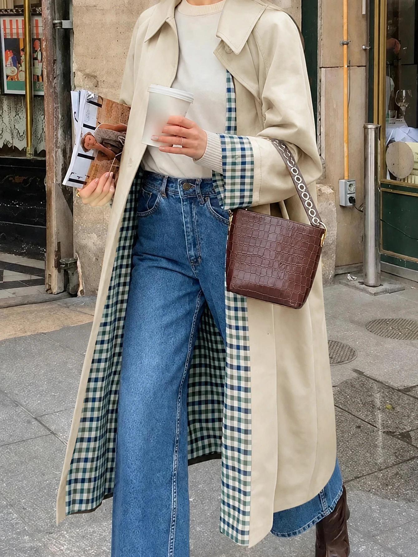 New In Plaid Lining Solid Trench Coat Woman Clothing Single Breasted Long Sleeve Jacket 2025 Spring Autumn Lady Outwear