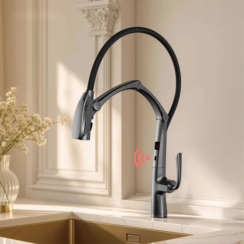 Luxury Brass Gun Gray Kitchen Faucet Digital Display Intelligent Induction Magnetic Suction Pull-Out Design Cold & Hot Sink Tap