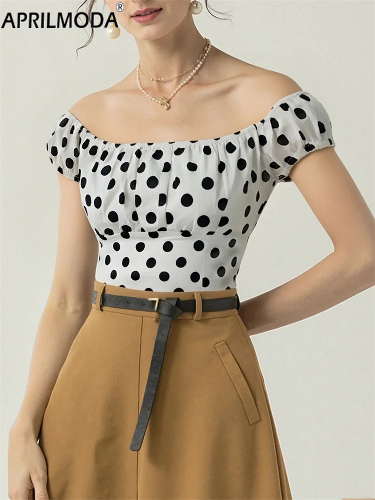 

Short Sleeve White Polka Dot Print Women's Rockabilly Tops Elegant Peplum 1950s Pinup Shirt Casual Off Shoulder Vintage Blouse