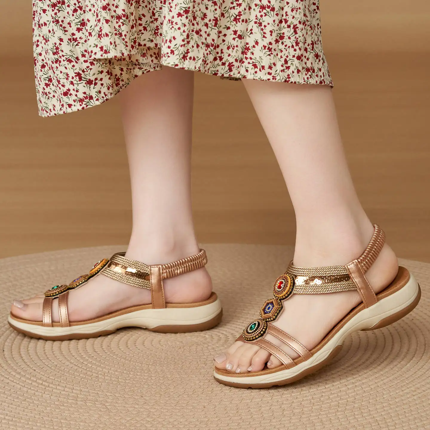 

Womens Bohemian Ethnic Wedge Sandals Colorful Gemstone Decor Elastic Ankle Strap Comfort Cushioned Footbed NonSlip Sole Stylish