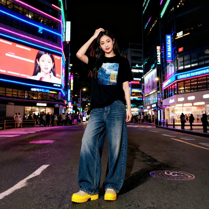 

Original Trendy Polar Bear Print Women's Black Short Sleeve T-Shirt Long Velvet Cotton European And American Style Casual Top