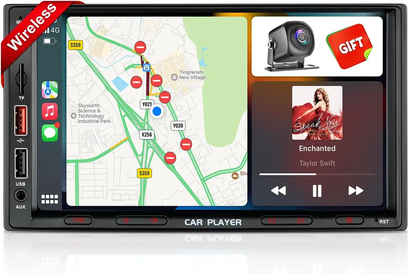 

7-дюймовая автомобильная стереосистема Double Din с беспроводным CarPlay, Android Auto, резервной камерой AHD, сенсорным экраном IPS, Bluetooth 5.0