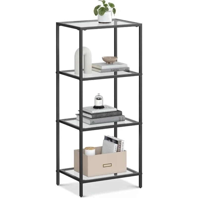 4-Tier Bookshelf, Slim Shelving Unit for Bedroom, Bathroom, Home Office, Tempered Glass, Steel Frame