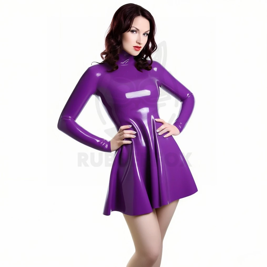 

customized rubber women's purple latex long sleeve high neck flared mini dress fashion party clubwear