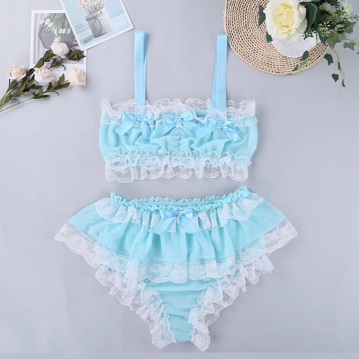 Mens Lace Lingerie Set Sissy Ruffled Frilly Bowknot Crop Top Bra with Girly Skirted Panties Gay Crossdressing Underwear Clubwear