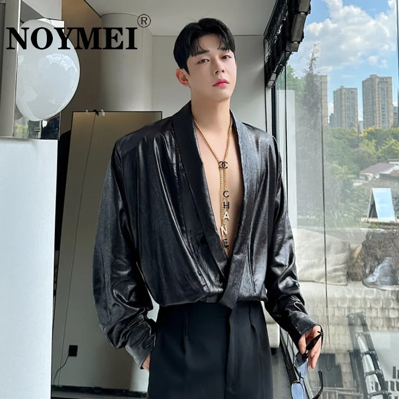 NOYMEI Casual Fashion Trend Shirt Men's Korean Style V Neck Solid Color Temperament PU Leather Blouses 2024 New WA5824