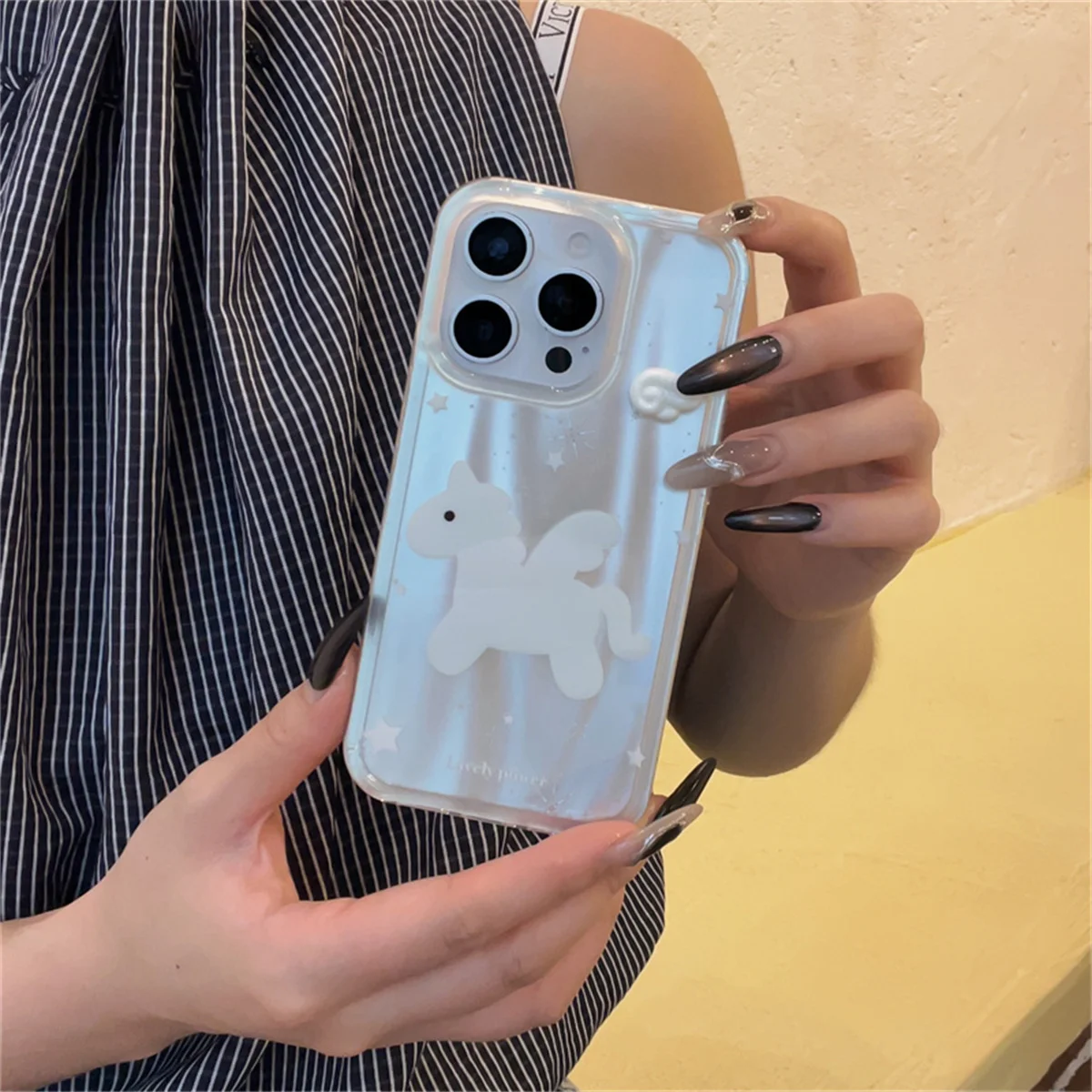 

Fashion Silver White Unicorn Cute Phone Case For iPhone 16 Pro 15 13 14 Pro Max Cover Korean Cute Protective Cases