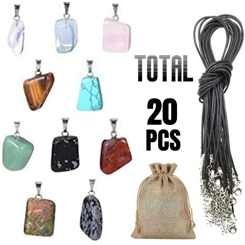 Conjunto de joyas de cristal con forma irregular de piedras preciosas colgantes de cuentas Chakra con bolsos de cuero negro para la fabricación de joyas de collar