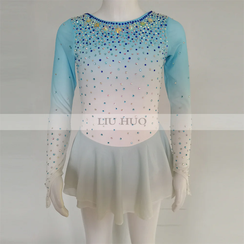 LIUHUO Ice Figure Skating Dress Women Aldult Girl Customize Costume Performance Competition Dance Teens Blue White Gradient Kids