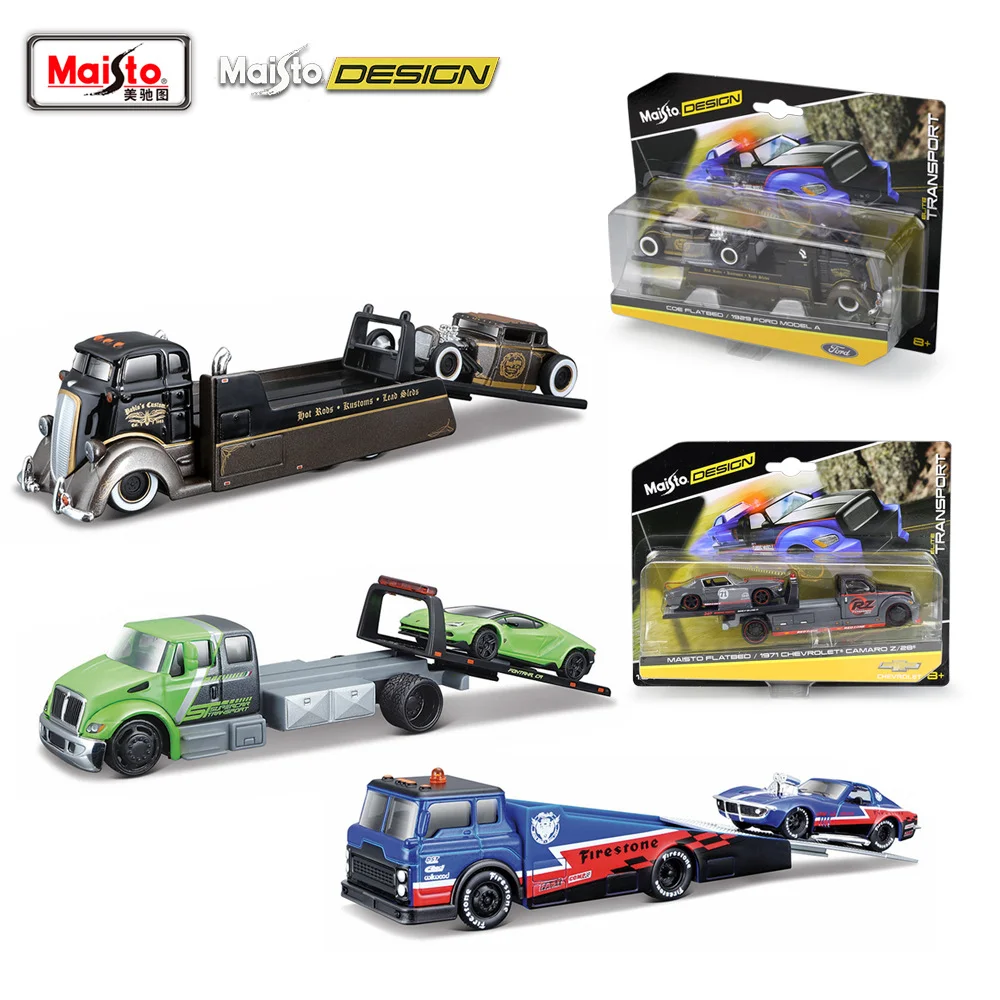 Maisto 1:64 Alloy Truck Flatbed Transport Car Vehicles Model Diecast Metal Toy Trailer Car Rescue Vehicles Model Childrens Gifts