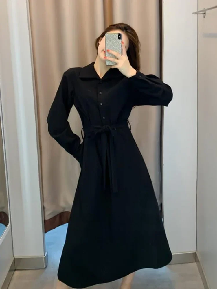 QWEEK-Vestido camisero negro para mujer, ropa informal Vintage de manga larga para fiesta, elegante, estilo Kpop, Harajuku, 2022