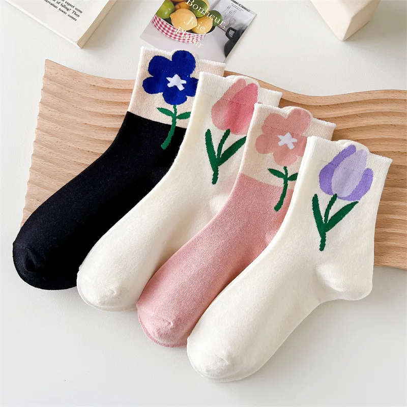 New Women Socks Flower Print Tulip Socks Female Cotton Ladies Socks For Girls Gift Calcetines Femme Kawaii Cute Harajuku Sox