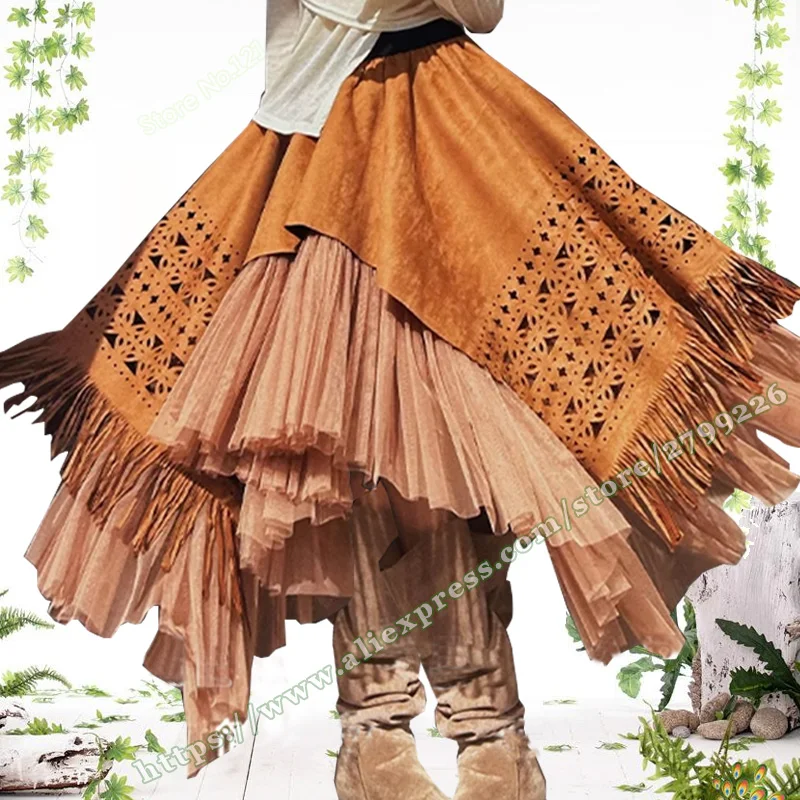 Fashion Retro Steampunk Half Length fluffy Midi Skirt, Deer Skin Velvet Mesh Hollow Tassel Asymmetrical Women's skirts Womens