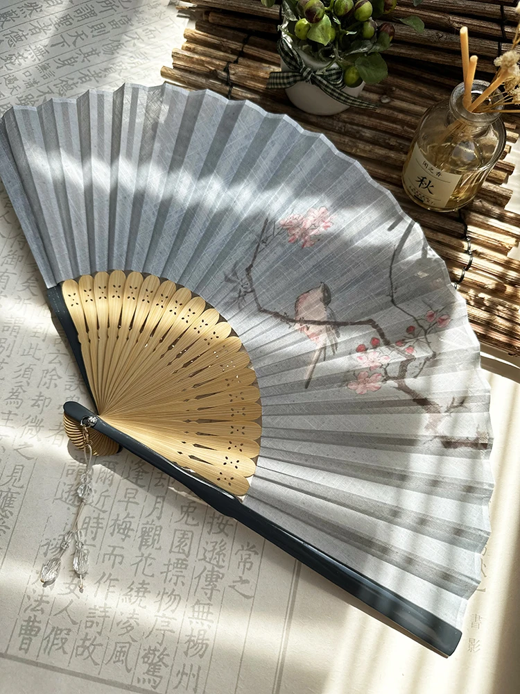 Chinese Style Hanfu Women's Fan Portable Folding Fan Summer Fan Light Blue Branch Bird Bamboo Dance Hand Fan Craft Decoration