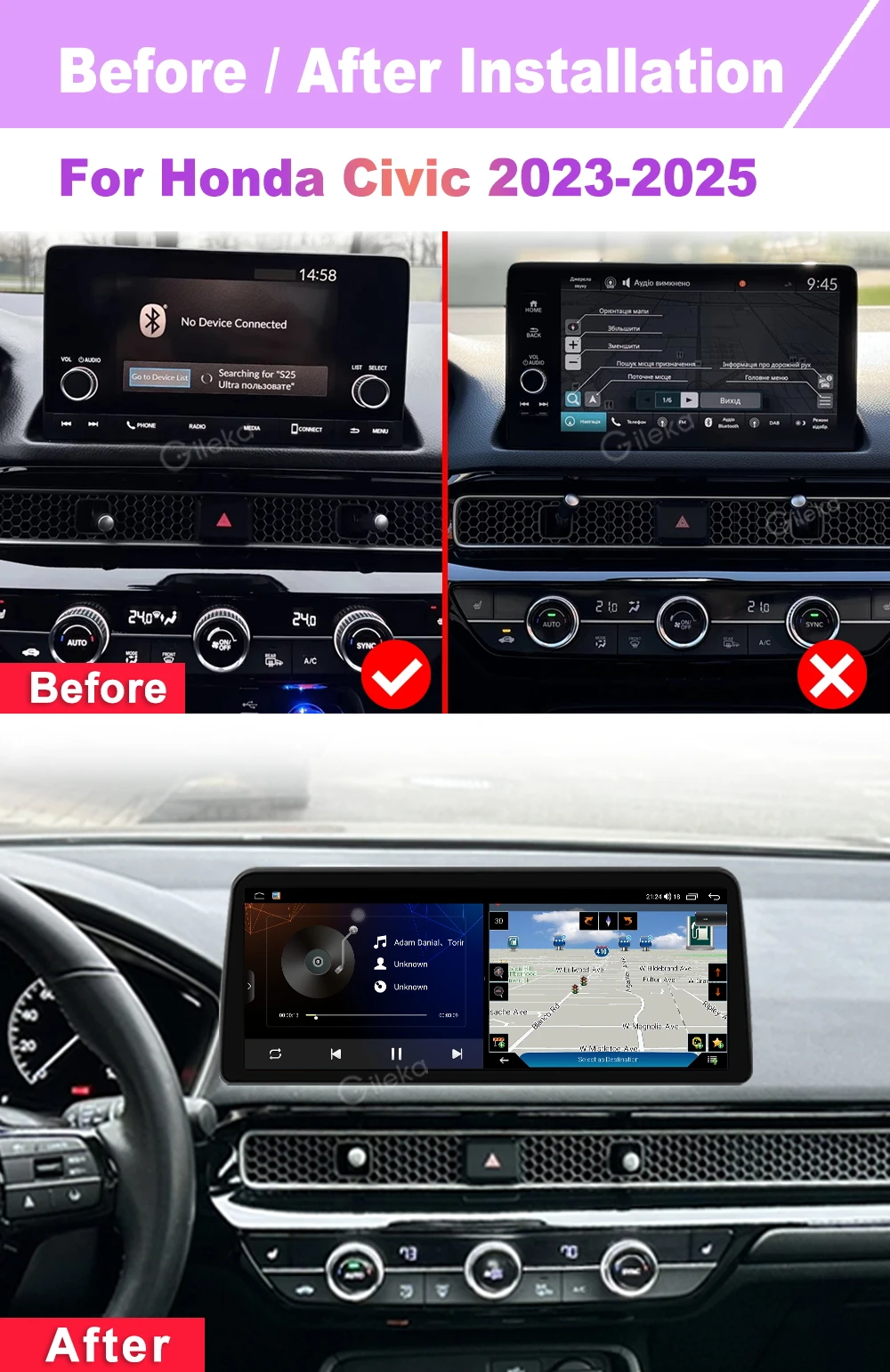 12.5 inch 2K Screen Carplay Android For Honda Civic 2023-2025 Car Radio Auto Multimedia Player GPS Navi BT WiFi Head Unit