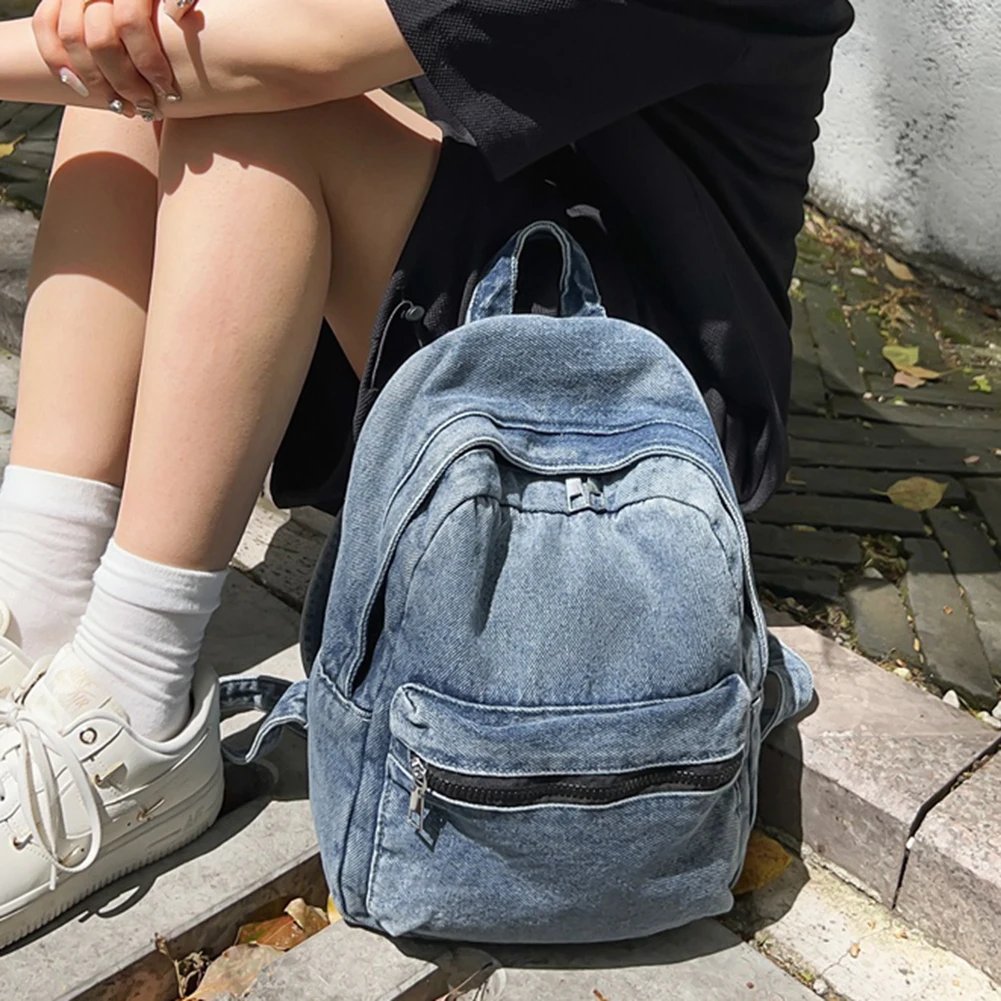 Ransel Denim Fashion ransel Jeans ringan Vintage Laptop ransel kapasitas besar Multi kantong untuk perjalanan luar ruangan