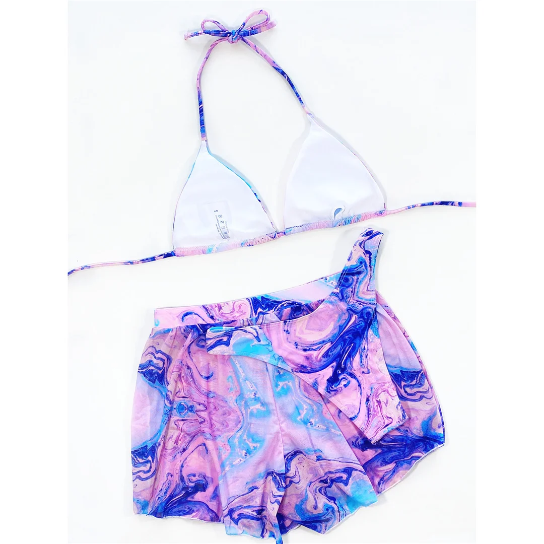 3-teiliger Tie-Dye-Bikini mit Neckholder, Damen-Badeanzug, dreiteiliges Bikini-Set mit Shorts, Badebekleidung, Badeanzug, Modell V3271 – Detail 15