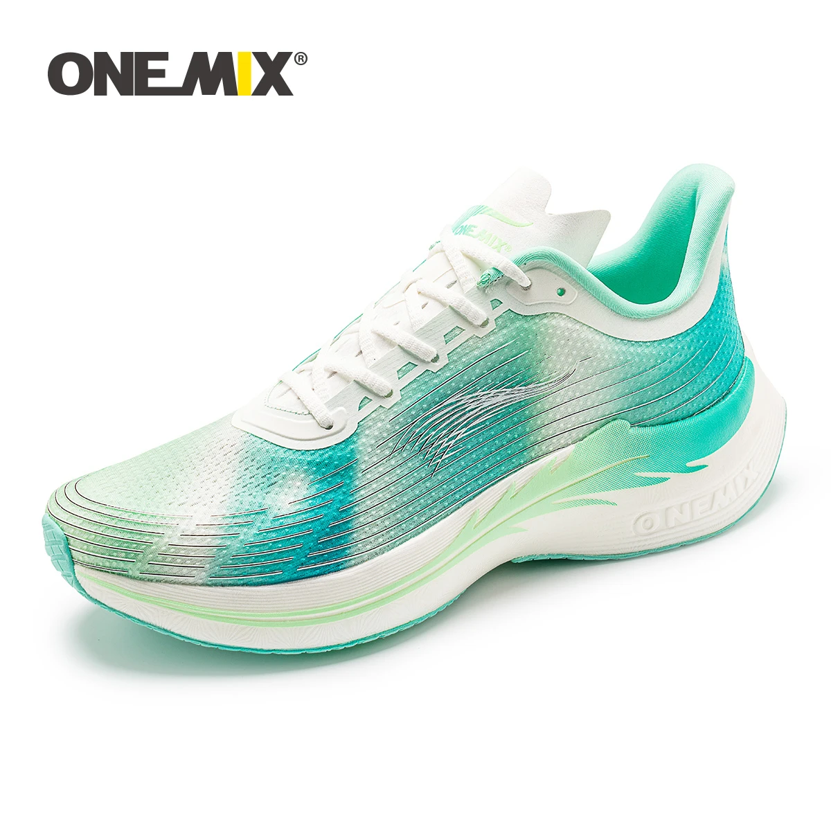 

ONEMIX Marathon 2024 Men Running Shoes Green Breathable Soft Carbon Fibre Plate Women Sneakers Lace Up Mesh Athletic Sport Shoes