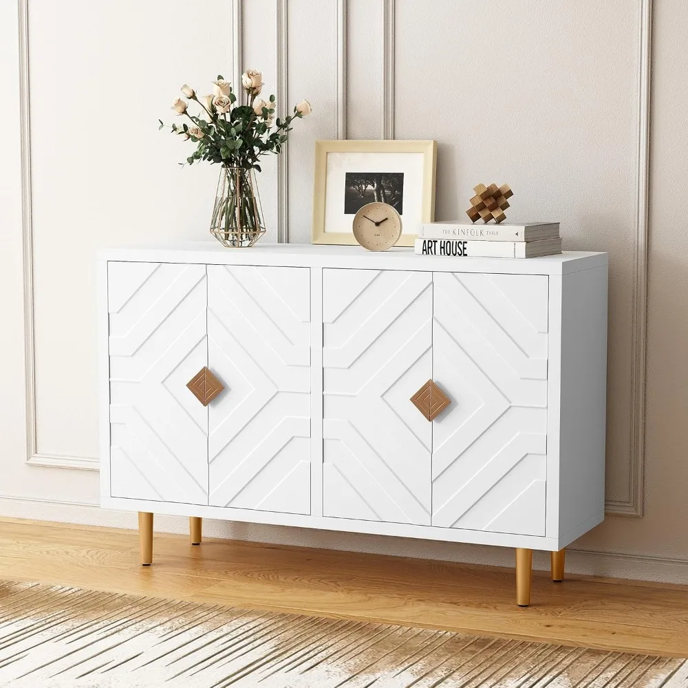 

Living Room cabinet 48-inch buffet cabinet with 4 doors and shelves, modern bookcase storage cabinet with embossed doors
