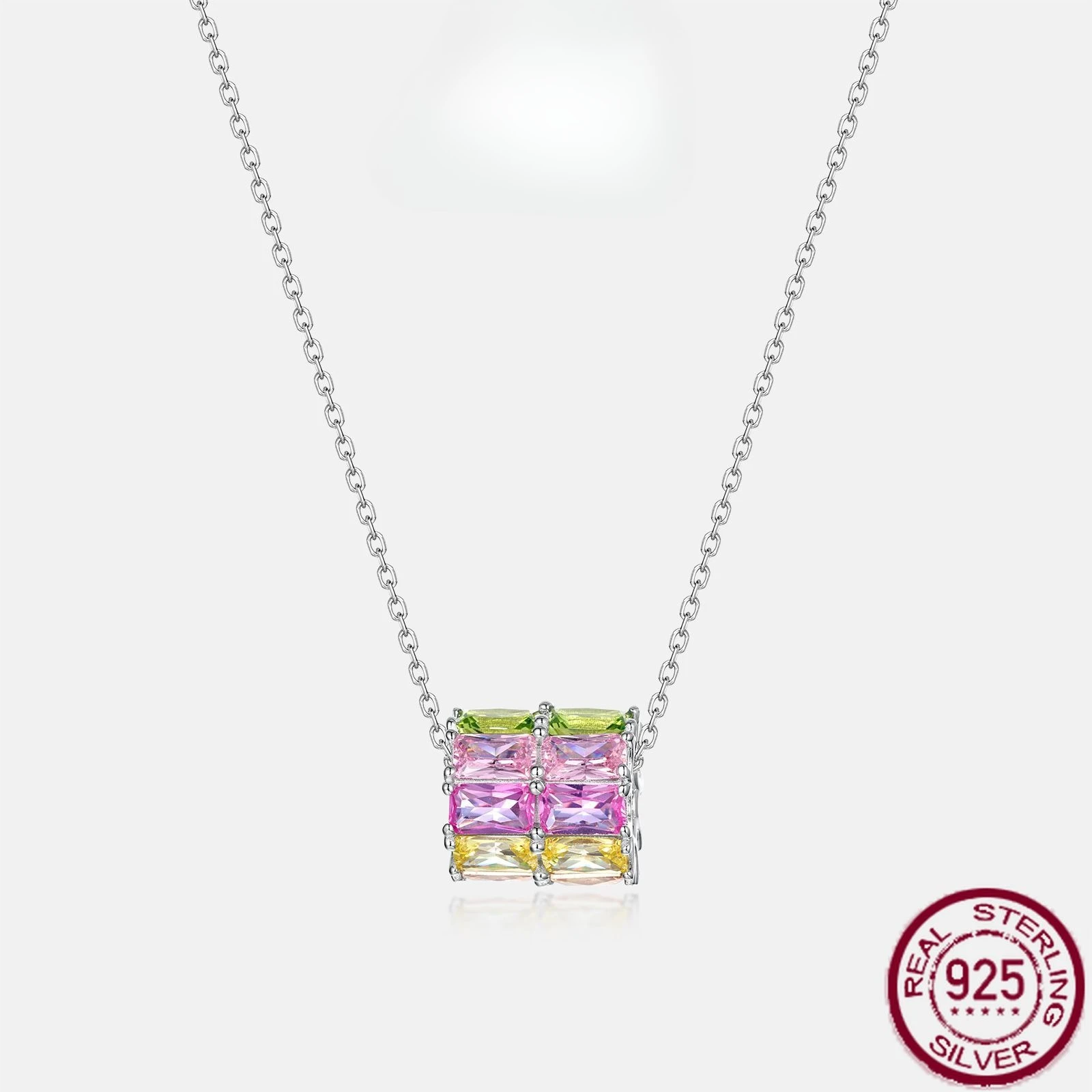 

New S925 Pure Silver Lulutong Geometric Ice Flower Cut Color Zirconium Set Rainbow Zirconium Necklace Wedding Jewelry