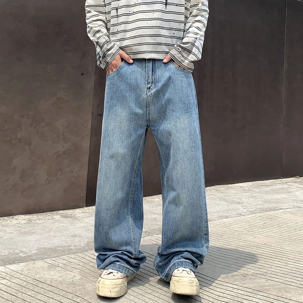 Vaqueros americanos retro azules para hombre, pierna recta, corte holgado, pierna ancha, versátiles, informales y de moda, con una sensación colgante y relajada