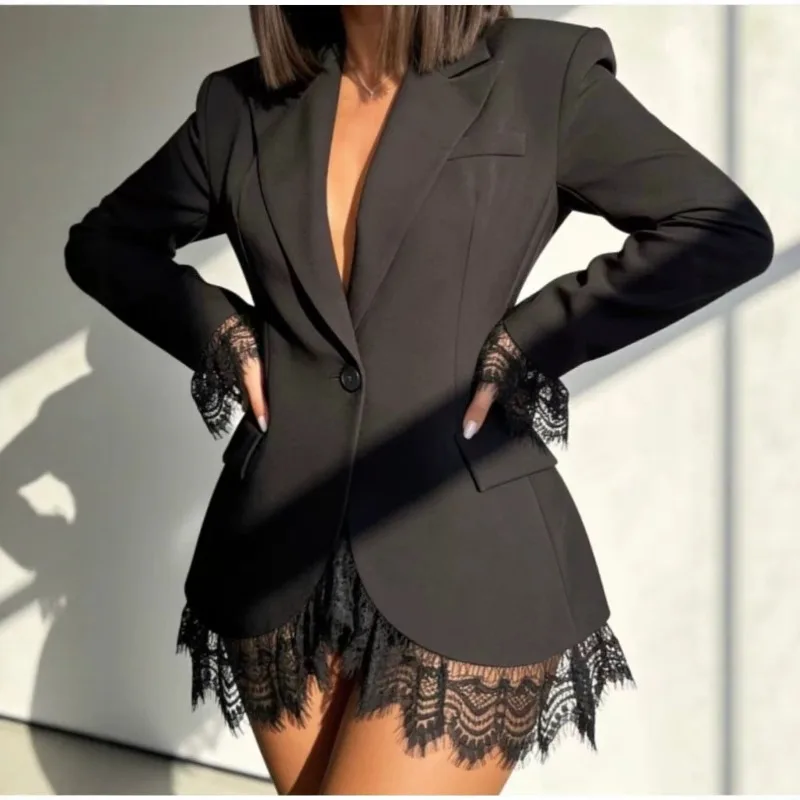 Elegant Fall Women Lace Patchwork Blazer Jacket, Notched Lapel Single Button Suit Coat, Slim Waist Long Sleeve Workwear Outfit